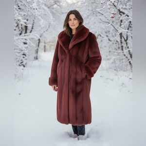 Terry Lewis Luxe Burgundy Faux Fur Coat | Vegan | Metal Clasps | Full Length